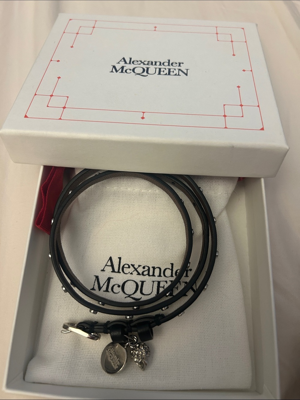 Alexander McQueen Black Leather Double Wrap Bracelet with Silver Skull Accent